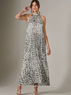 Abstract Halter Neck Pleated Maxi Dress, Black Abstract