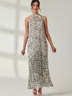 Abstract Halter Neck Pleated Maxi Dress, Black Abstract