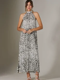 Abstract Halter Neck Pleated Maxi Dress, Black Abstract