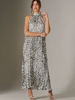 Abstract Halter Neck Pleated Maxi Dress, Black Abstract