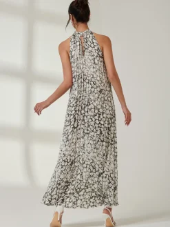Abstract Halter Neck Pleated Maxi Dress, Black Abstract