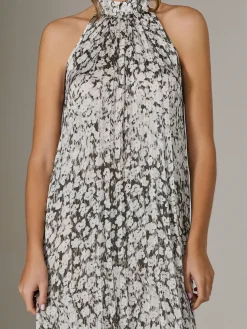 Abstract Halter Neck Pleated Maxi Dress, Black Abstract