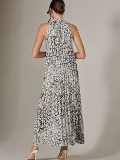 Abstract Halter Neck Pleated Maxi Dress, Black Abstract
