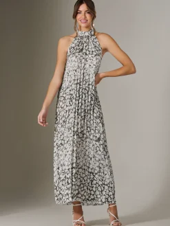 Abstract Halter Neck Pleated Maxi Dress, Black Abstract
