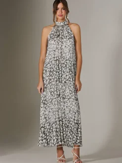 Abstract Halter Neck Pleated Maxi Dress, Black Abstract