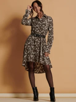 Abstract Print Dipped Hem Shirt Dress, Taupe Multi