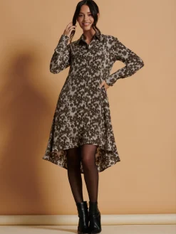 Abstract Print Dipped Hem Shirt Dress, Taupe Multi