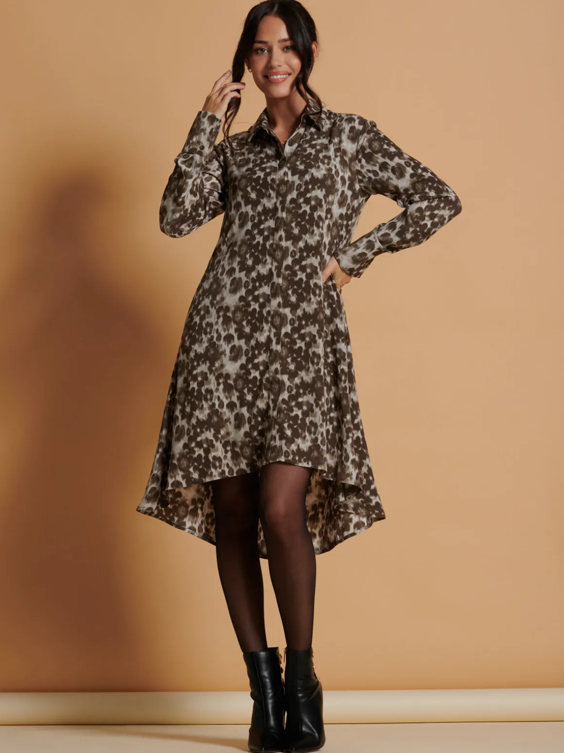 Abstract Print Dipped Hem Shirt Dress, Taupe Multi