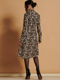 Abstract Print Dipped Hem Shirt Dress, Taupe Multi