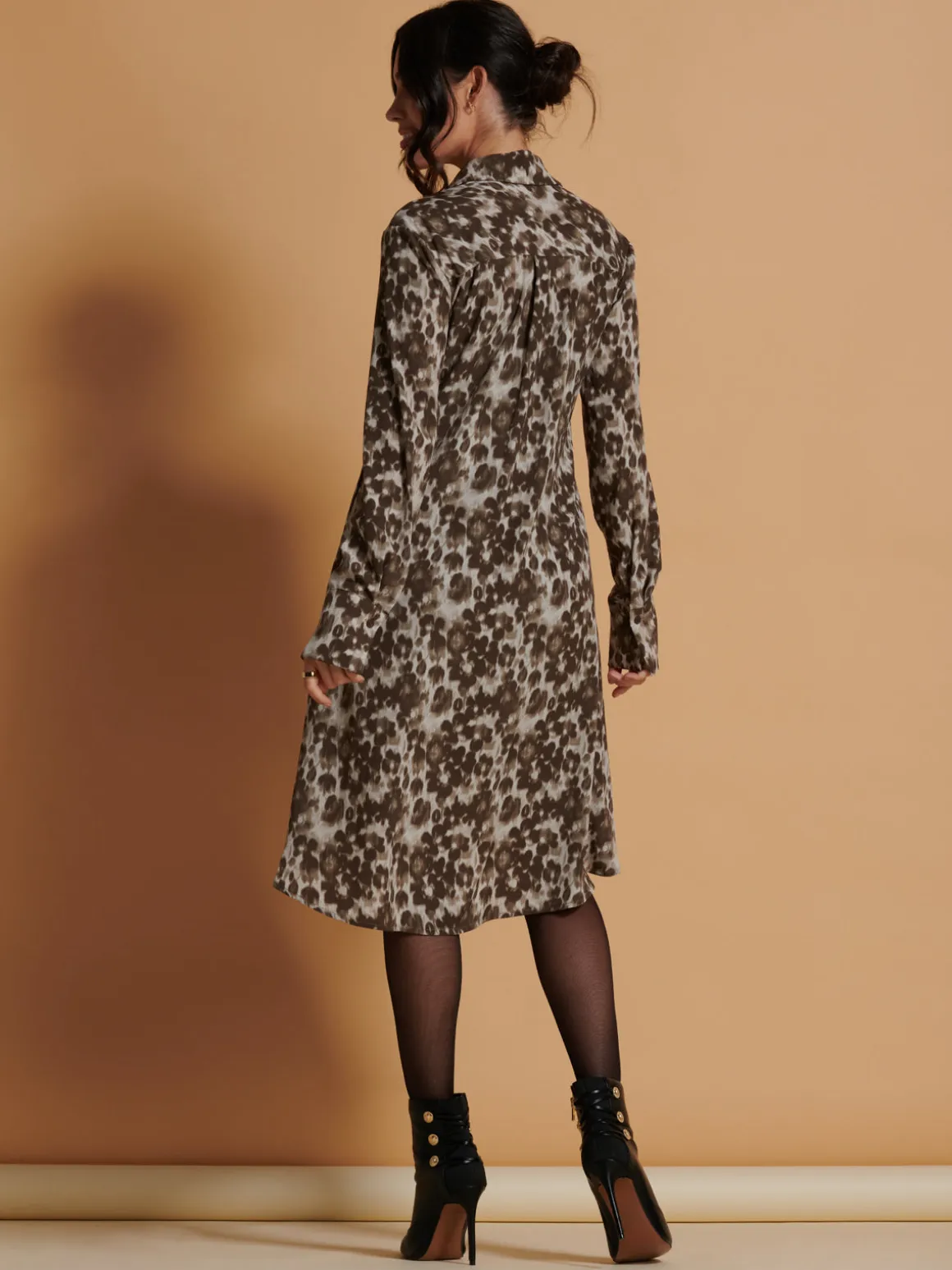 Abstract Print Dipped Hem Shirt Dress, Taupe Multi