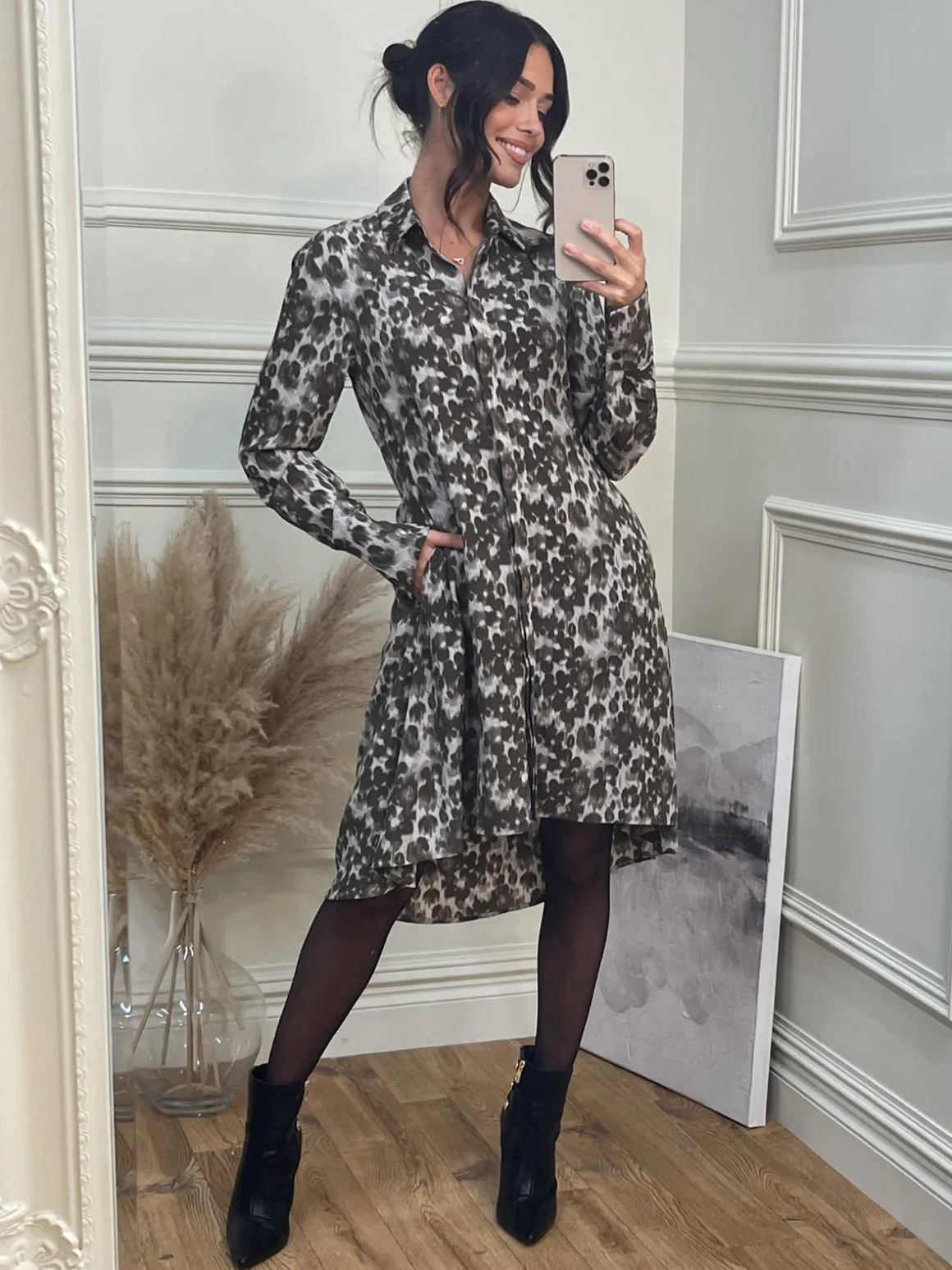 Abstract Print Dipped Hem Shirt Dress, Taupe Multi