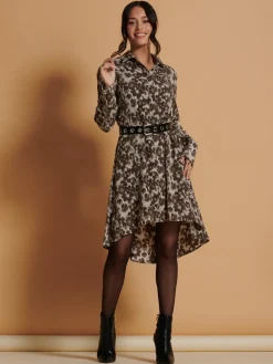 Abstract Print Dipped Hem Shirt Dress, Taupe Multi