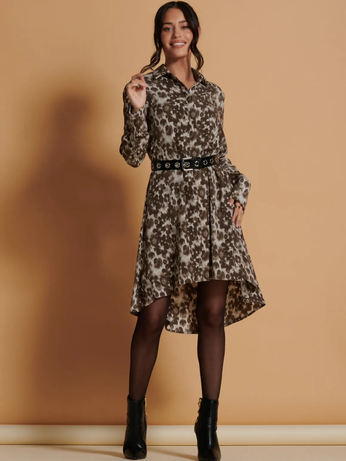 Abstract Print Dipped Hem Shirt Dress, Taupe Multi