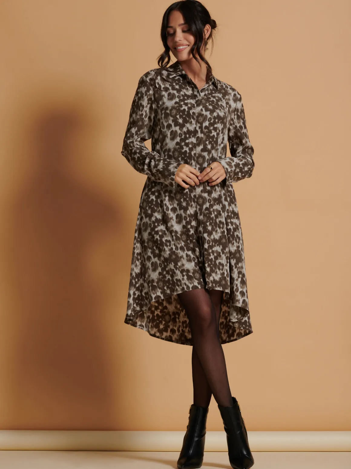 Abstract Print Dipped Hem Shirt Dress, Taupe Multi