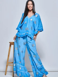 Abstract Print Palazzo Style Holiday Pants, Blue Abstract