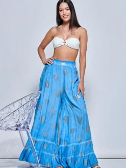 Abstract Print Palazzo Style Holiday Pants, Blue Abstract