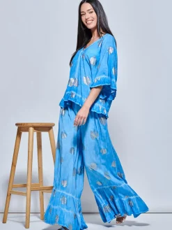 Abstract Print Palazzo Style Holiday Pants, Blue Abstract