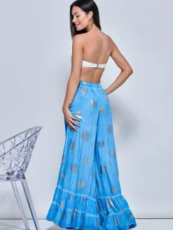 Abstract Print Palazzo Style Holiday Pants, Blue Abstract
