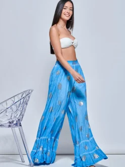 Abstract Print Palazzo Style Holiday Pants, Blue Abstract