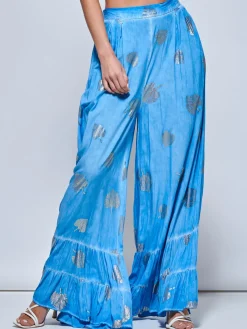 Abstract Print Palazzo Style Holiday Pants, Blue Abstract