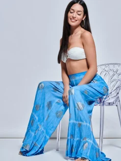 Abstract Print Palazzo Style Holiday Pants, Blue Abstract