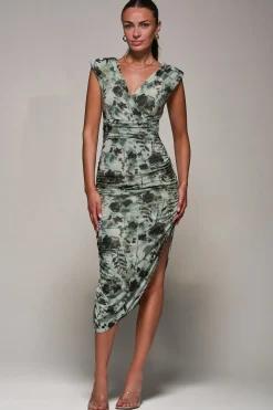 Abstract Ruched Asymmetric Bodycon Dress, Grey Abstract