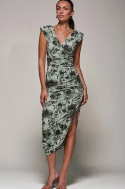Abstract Ruched Asymmetric Bodycon Dress, Grey Abstract