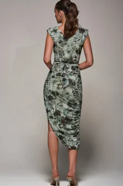 Abstract Ruched Asymmetric Bodycon Dress, Grey Abstract