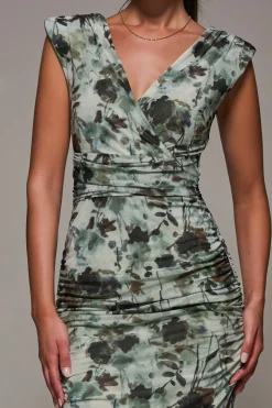 Abstract Ruched Asymmetric Bodycon Dress, Grey Abstract