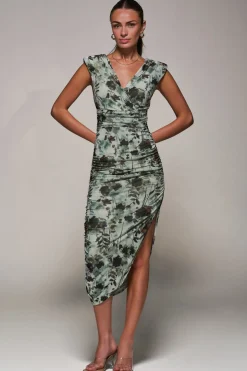 Abstract Ruched Asymmetric Bodycon Dress, Grey Abstract