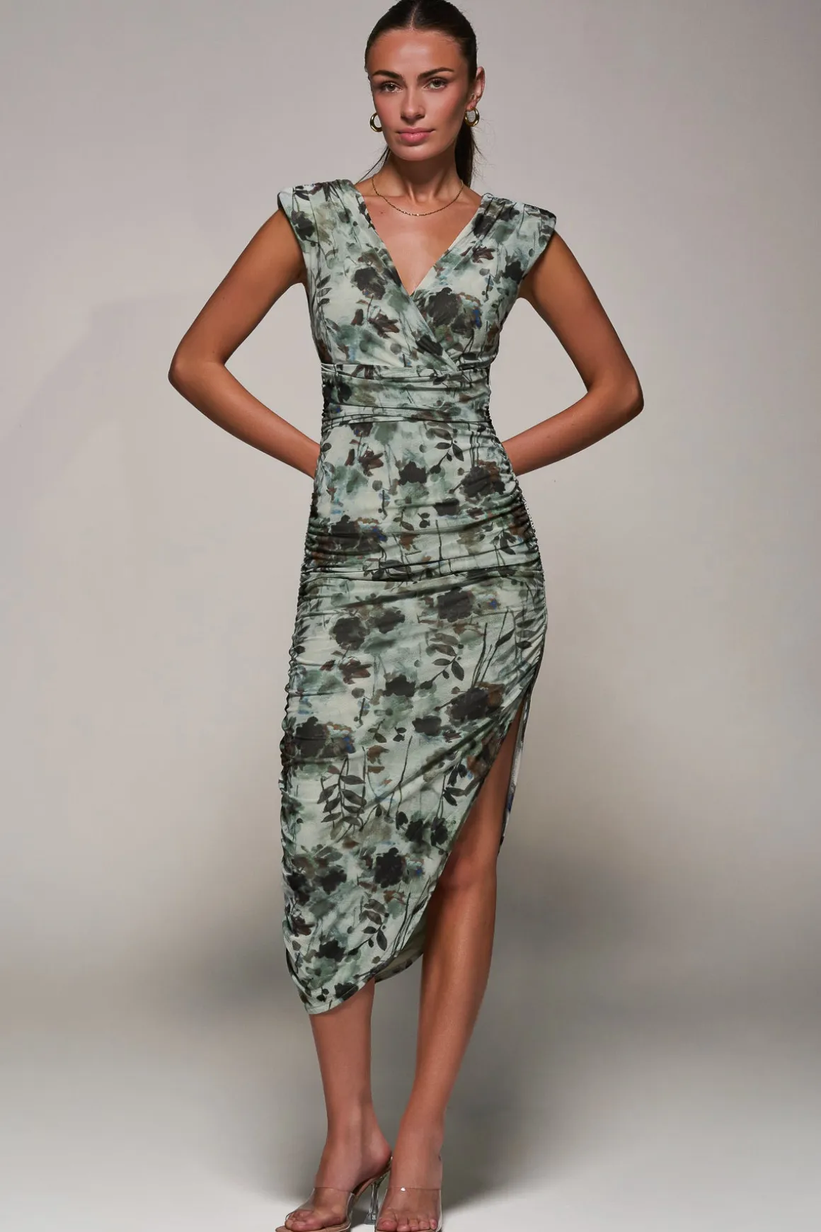 Abstract Ruched Asymmetric Bodycon Dress, Grey Abstract