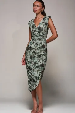Abstract Ruched Asymmetric Bodycon Dress, Grey Abstract