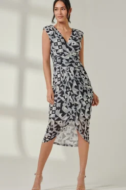 Abstract Ruched Bodycon Wrap Dress, Black Geo