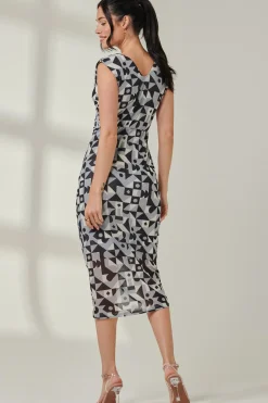 Abstract Ruched Bodycon Wrap Dress, Black Geo