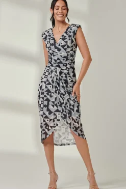 Abstract Ruched Bodycon Wrap Dress, Black Geo