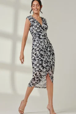 Abstract Ruched Bodycon Wrap Dress, Black Geo