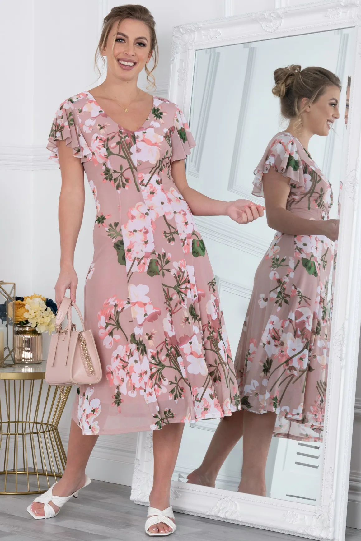 Acela Floral Print Mesh Dress, Dusty Pink