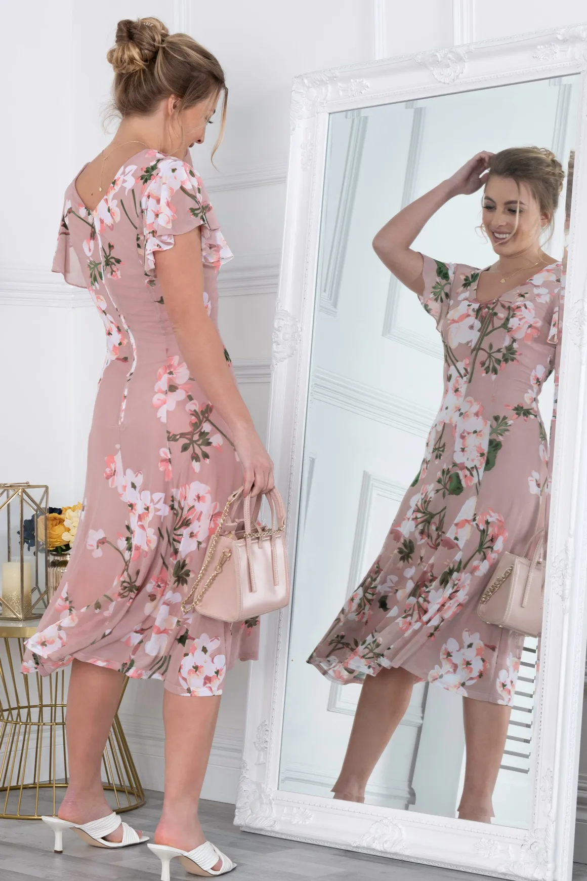 Acela Floral Print Mesh Dress, Dusty Pink