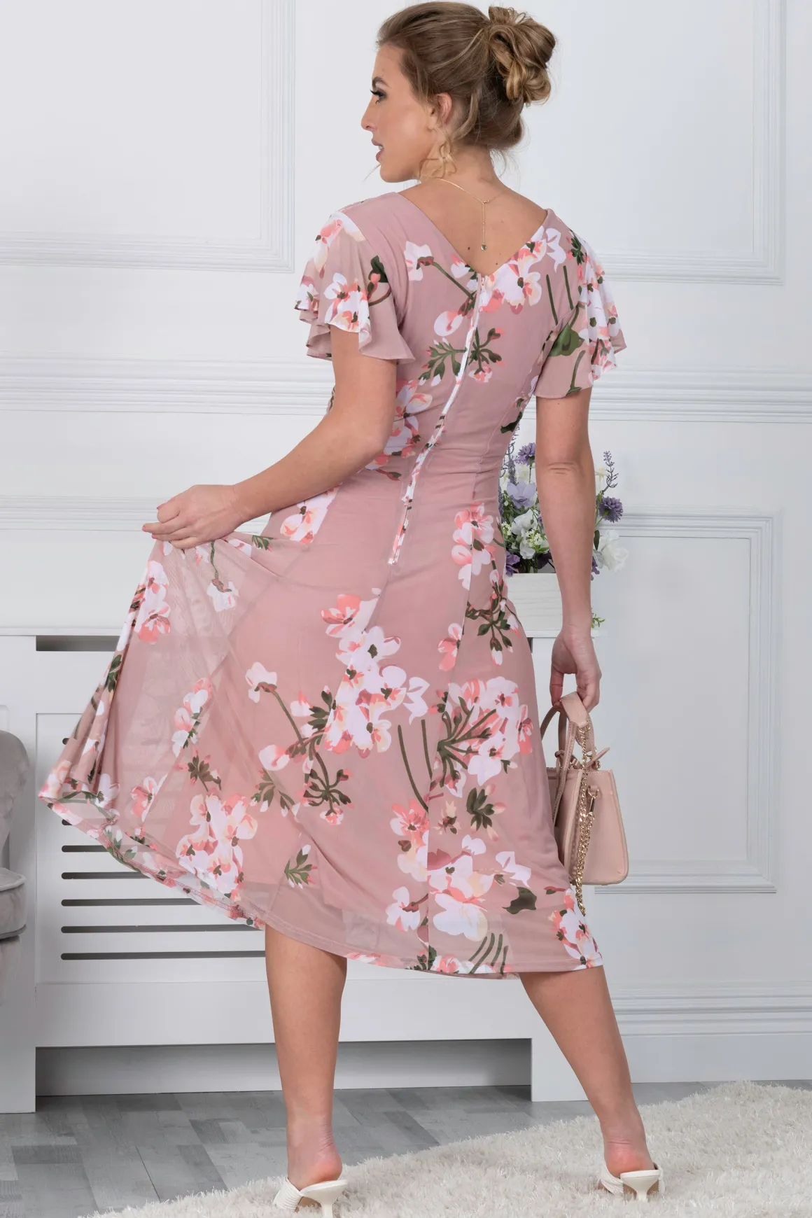 Acela Floral Print Mesh Dress, Dusty Pink
