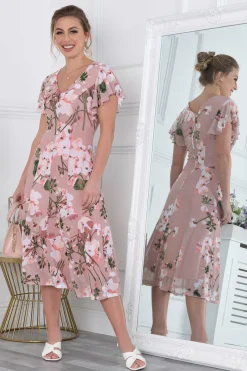 Acela Floral Print Mesh Dress, Dusty Pink