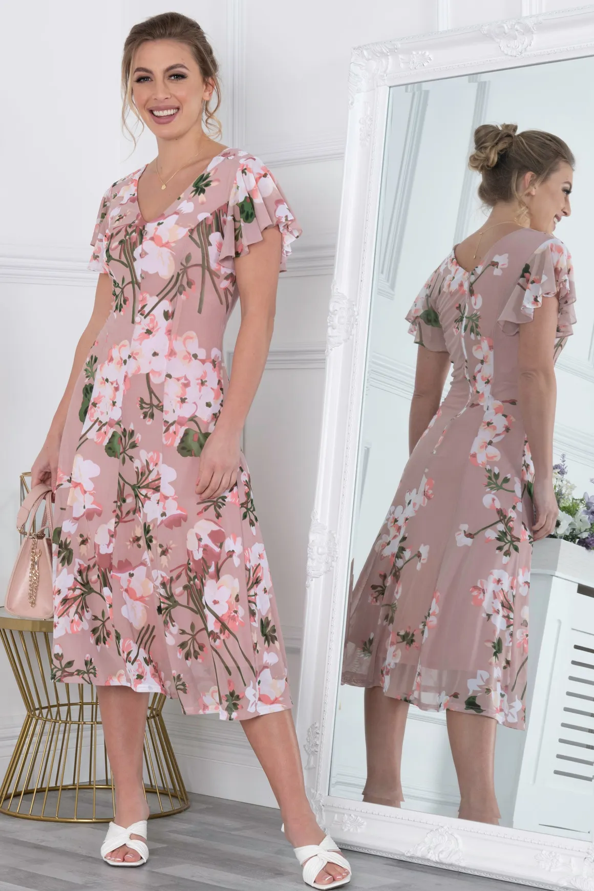 Acela Floral Print Mesh Dress, Dusty Pink