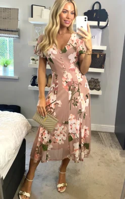 Acela Floral Print Mesh Dress, Dusty Pink