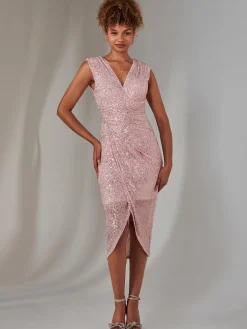 Aisla Ruched Sequin Bodycon Dress, Pink