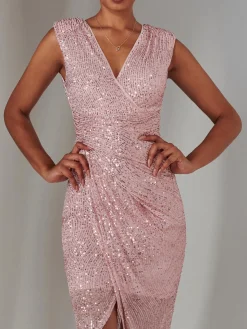 Aisla Ruched Sequin Bodycon Dress, Pink