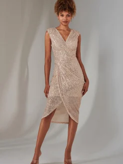 Aisla Ruched Sequin Bodycon Dress, Rose Gold