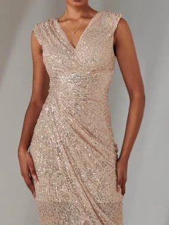 Aisla Ruched Sequin Bodycon Dress, Rose Gold