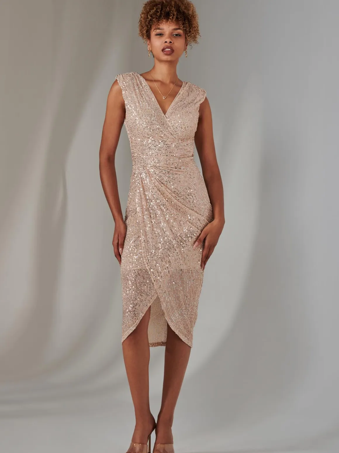 Aisla Ruched Sequin Bodycon Dress, Rose Gold