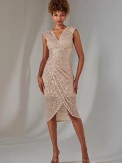 Aisla Ruched Sequin Bodycon Dress, Rose Gold