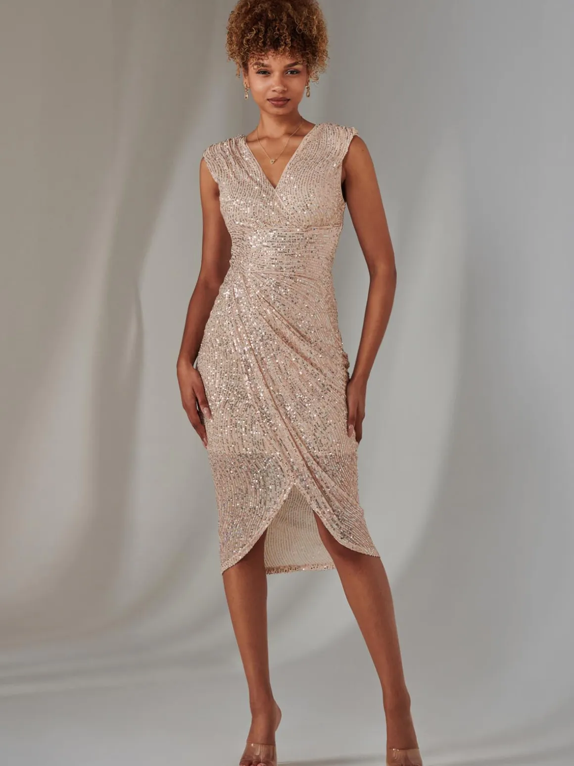 Aisla Ruched Sequin Bodycon Dress, Rose Gold