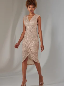 Aisla Ruched Sequin Bodycon Dress, Rose Gold